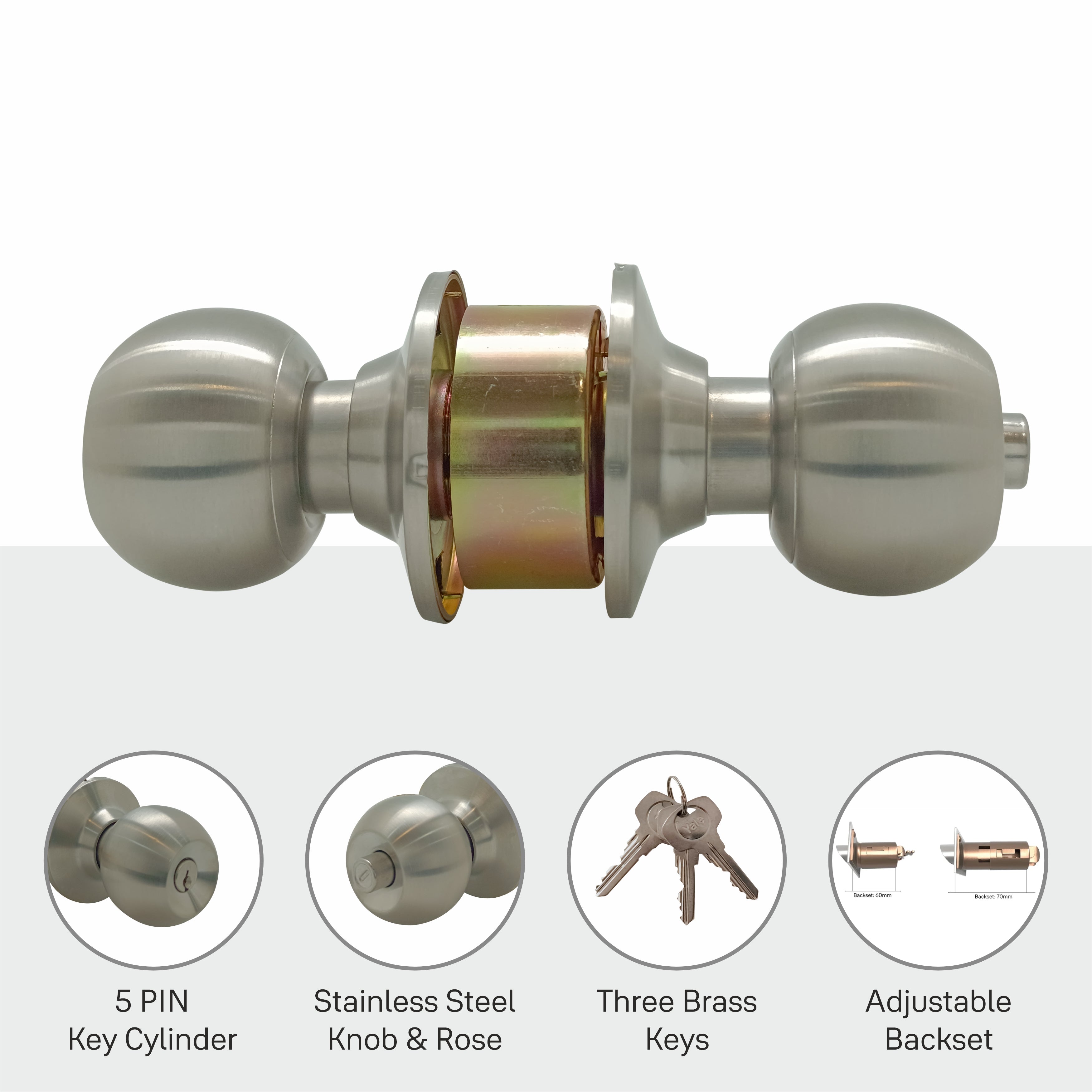 CA5127 Knobset 60/70mm B/S, Entrance, Satin Steel – Yale India