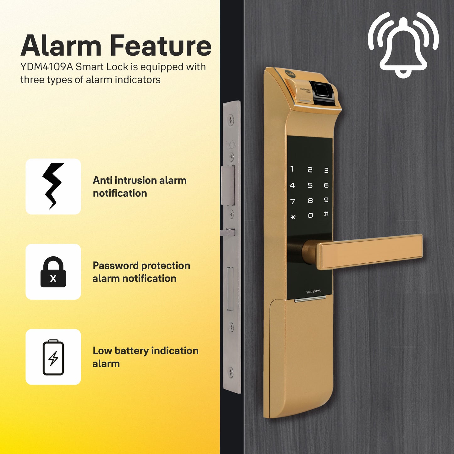 YDM 4109- A Series, Biometric Smart Lock, Gold