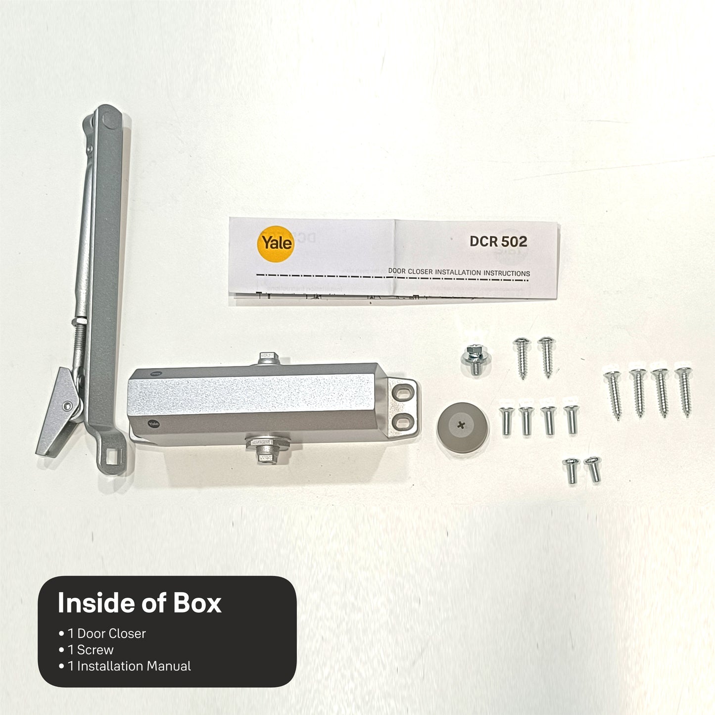 DCR 502 Door Closer, EN Size 2, door weight upto 45kg, Silver. Surface mounted