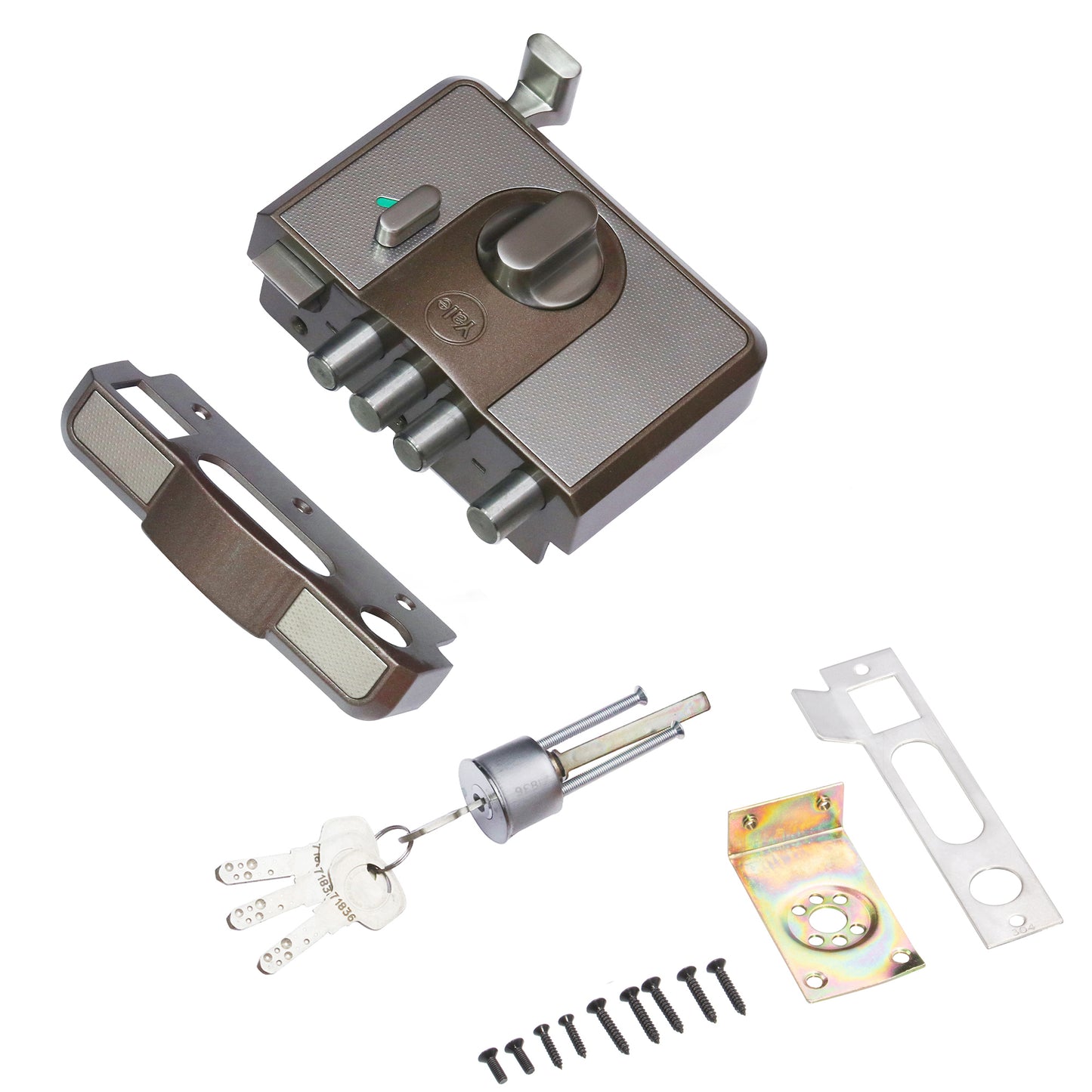 Yale Cinco 500 Series Main Door RIM Lock with 1 Latch & 4 Deadbolt, Outside Key and Knob Inside, Brown, Dimple keys