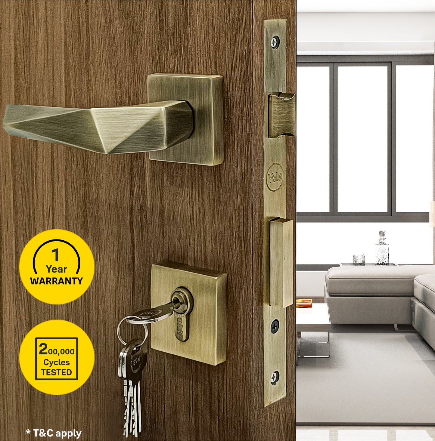 SM-01-01-02 Yale SM series Mortise Lock Comboset with Rose and Escutcheons, Cylinder with Knob inside and keys Outside, AB Finish