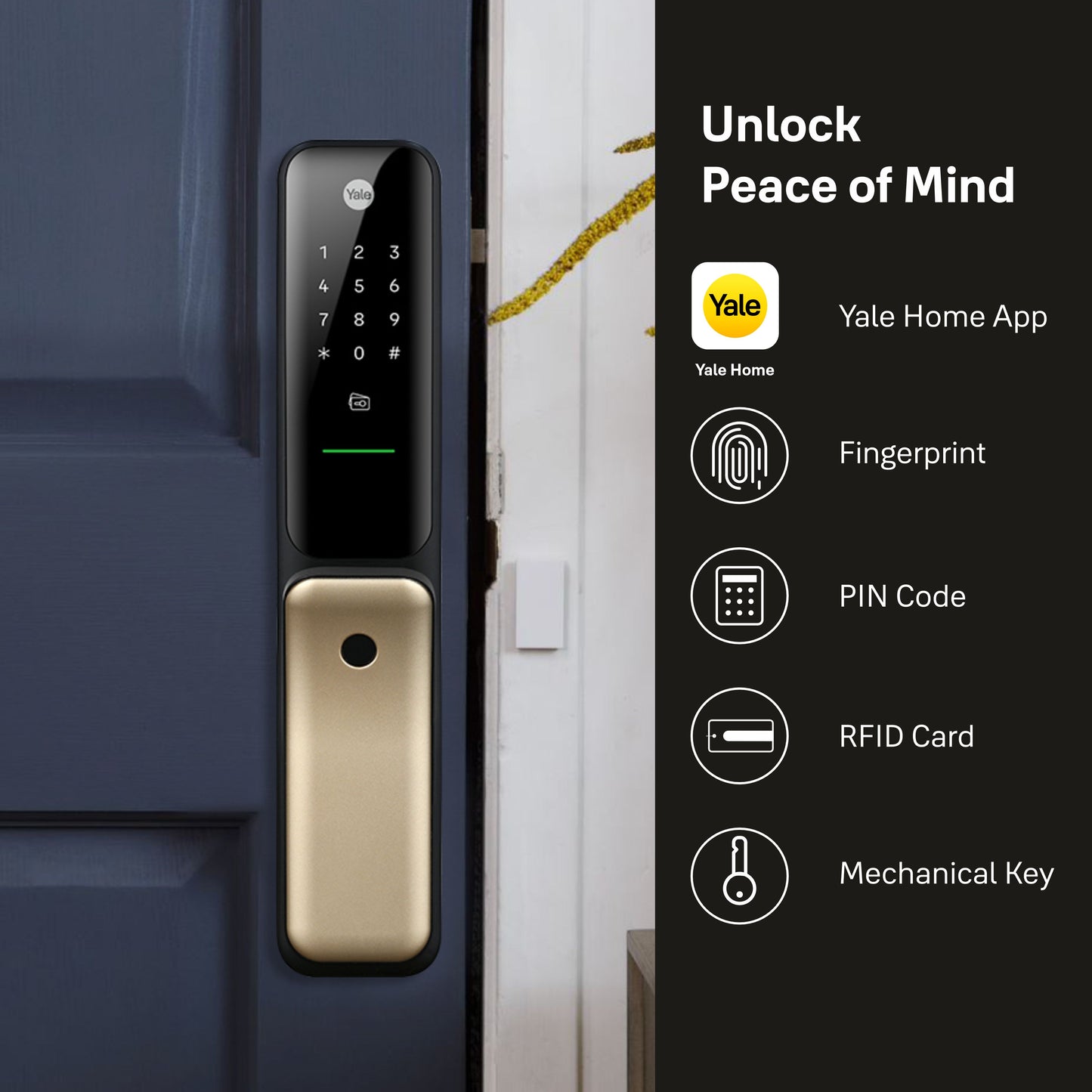 Yale Kyra Pro, Push Pull Smart Lock, with fingerprint, PIN, RFID, Manual Key, Gold