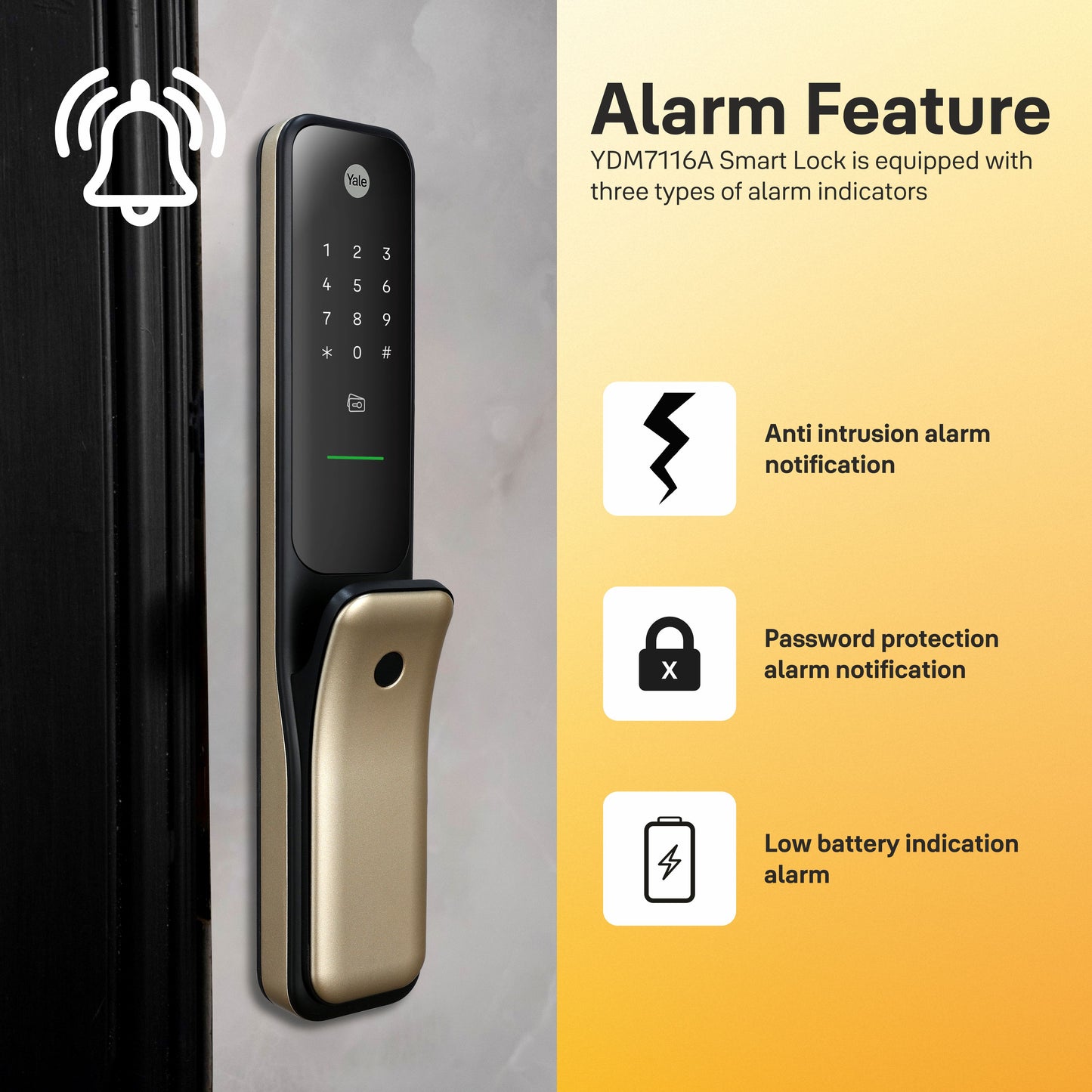 Yale Kyra Pro, Push Pull Smart Lock, with fingerprint, PIN, RFID, Manual Key, Gold