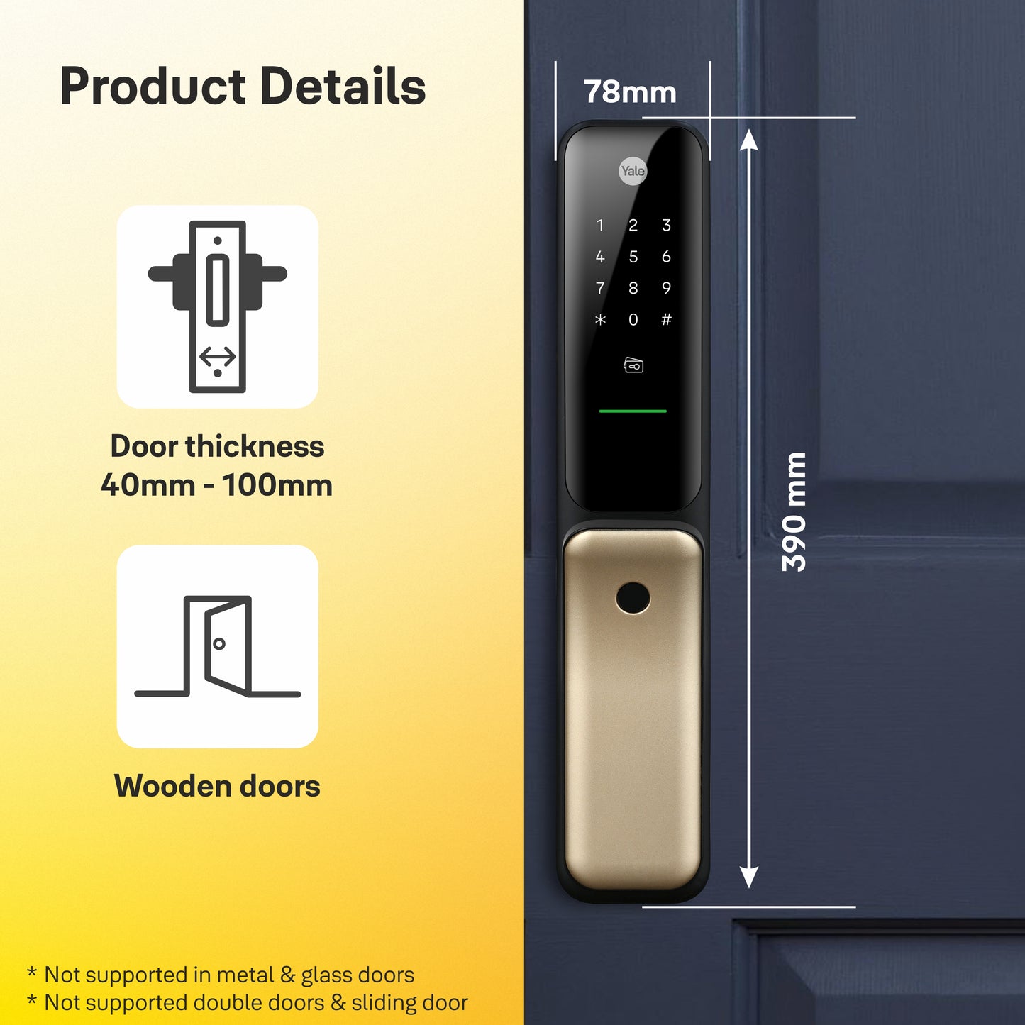Yale Kyra Pro, Push Pull Smart Lock, with fingerprint, PIN, RFID, Manual Key, Gold