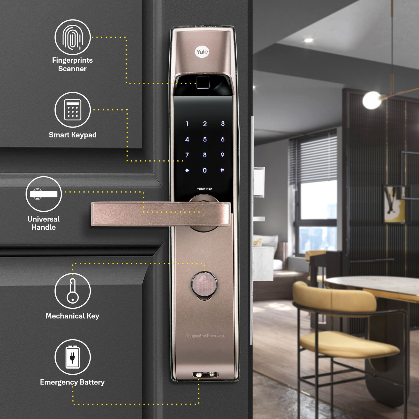 YDM 4115 -A Series, Biometric Smart Lock, Brown with Fingerprint, PIN, manual key and Yale Home App