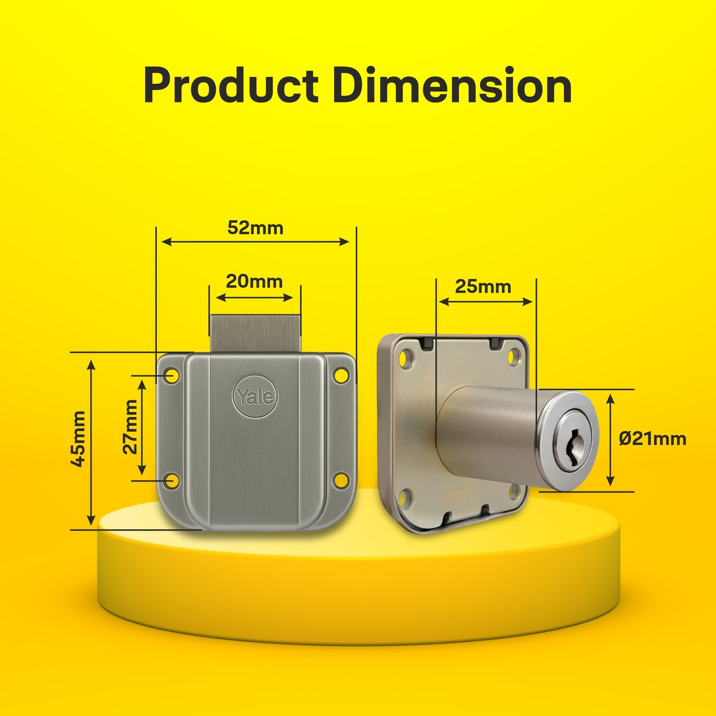 Yale Drawer Lock DRW Series 25mm | Stainless-steel Lock with Dimple Key | Reversible Keys | Nickel-plated bolt | Installed in Cupboards, Wardrobes & Wooden Furniture | Satin Steel Finish