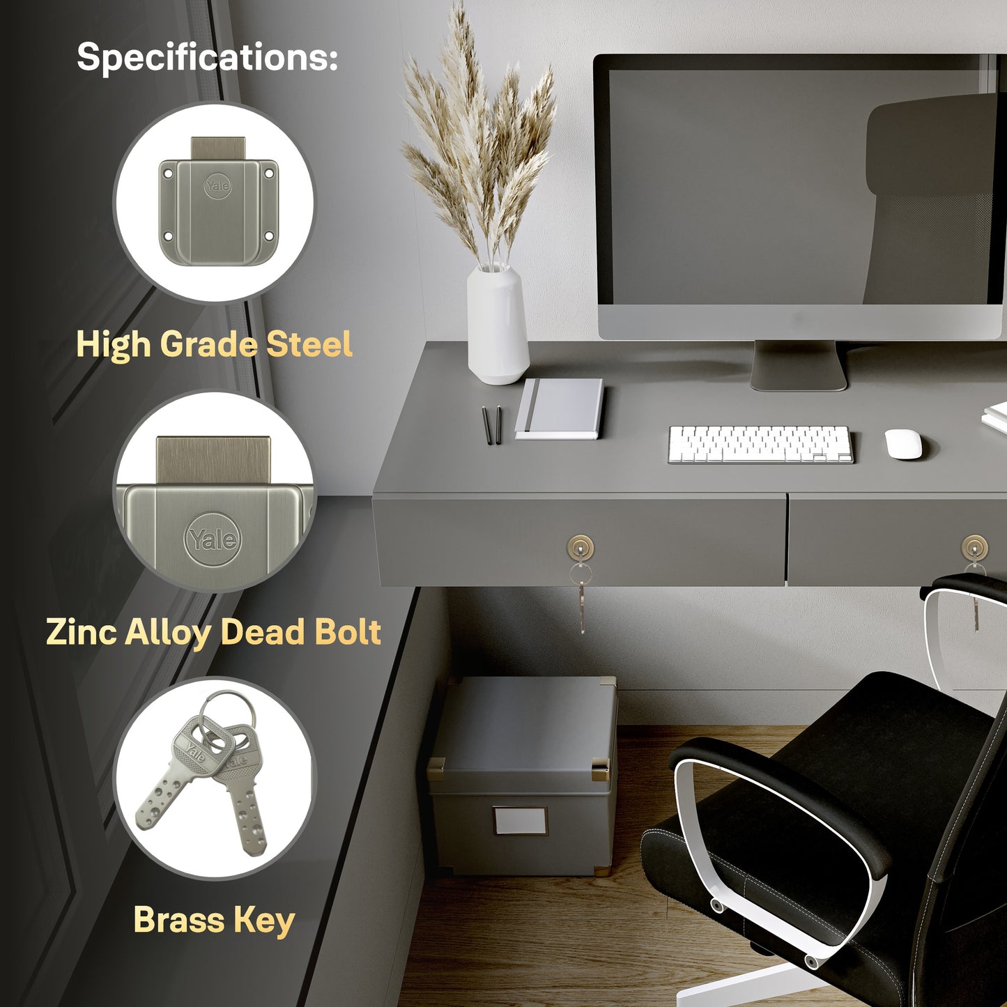 Yale Drawer Lock DRW Series 25mm | Stainless-steel Lock with Dimple Key | Reversible Keys | Deadbolt | Installed in Cupboards, Wardrobes & Wooden Furniture | Antique Brass Color