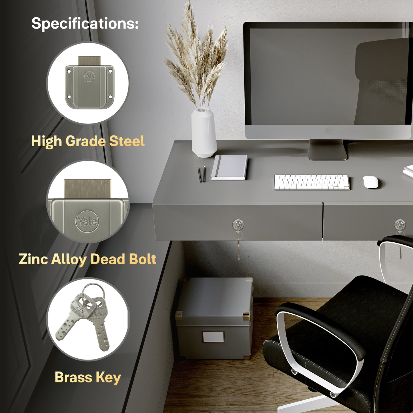 Yale Drawer Lock DRW Series 25mm | Stainless-steel Lock with Dimple Key | Reversible Keys | Nickel-plated bolt | Installed in Cupboards, Wardrobes & Wooden Furniture | Satin Steel Finish