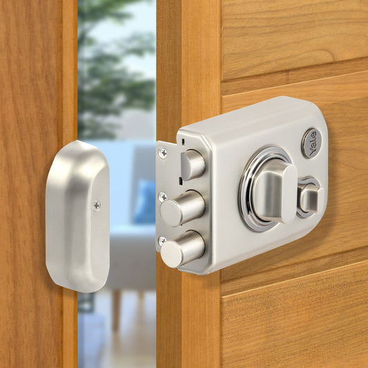 Yale Kratos RIM lock for main door with latch and two deadbolts and knob inside in silver
