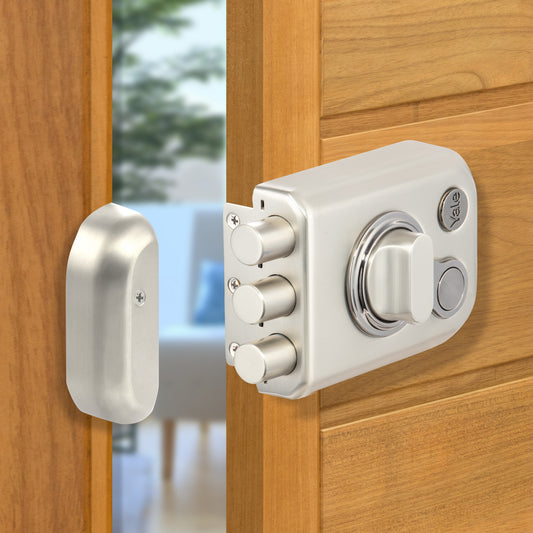 KRT-3B-TT-SSM/BN: Yale Katros Rimlock – Tribolt, 3 Deadbolts, Thumbturn, 4 Dimple Keys (Satin Steel Matt and Black Nickel)