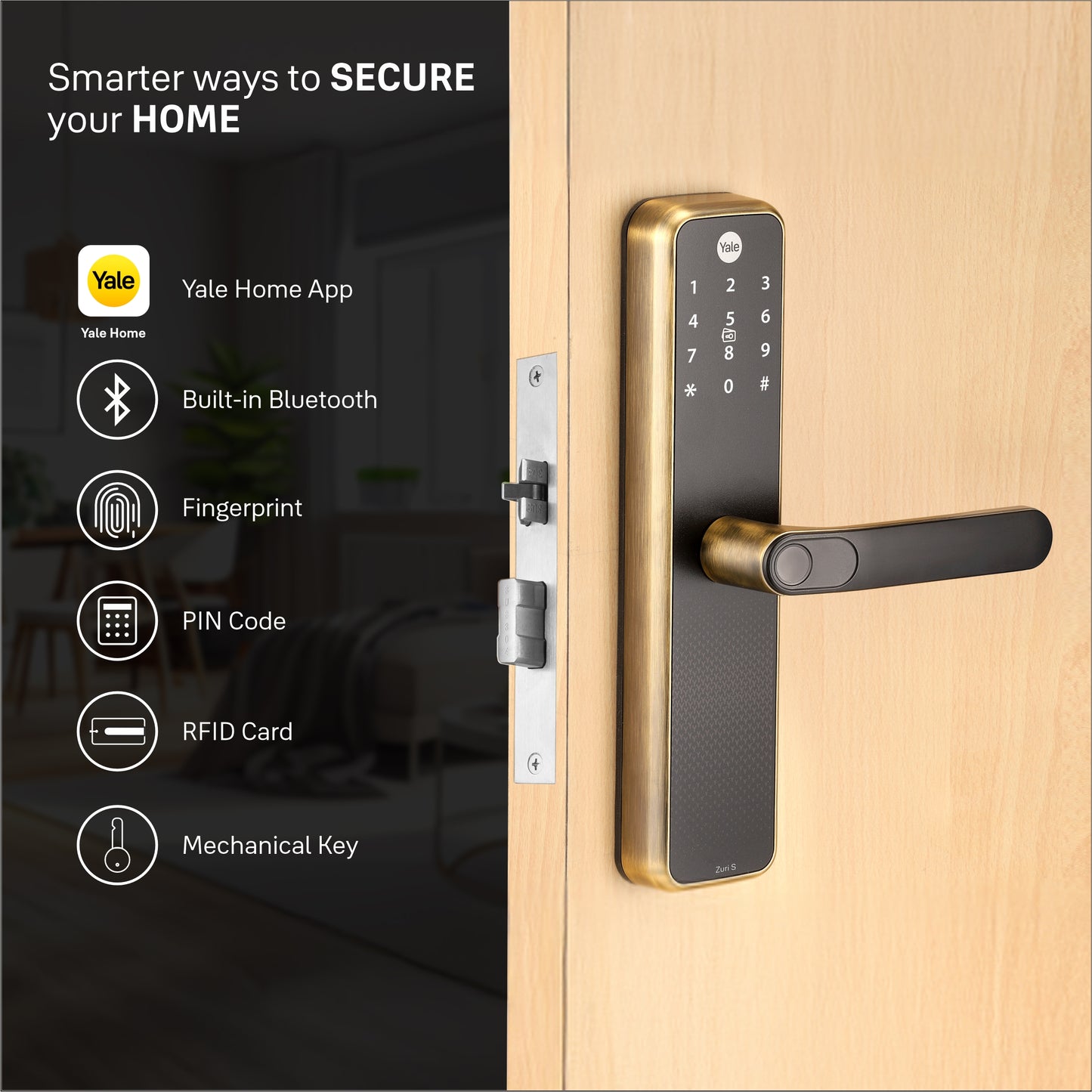 Yale Zuri S (Antique Bronze) Smart Lock with 5 way unlocking (Fingerprint, PIN, RFID, Manual Key and Built-in Bluetooth to Access through Home App)