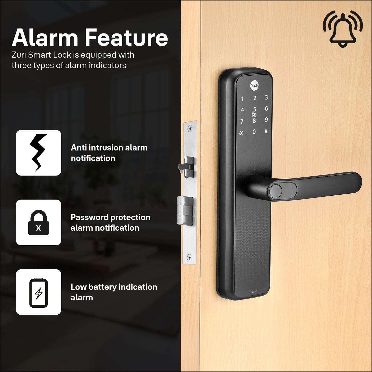 Yale Zuri S (Black) Smart Lock with 5 way unlocking (Fingerprint, PIN, RFID, Manual Key and Built-in Bluetooth to Access through Home App)