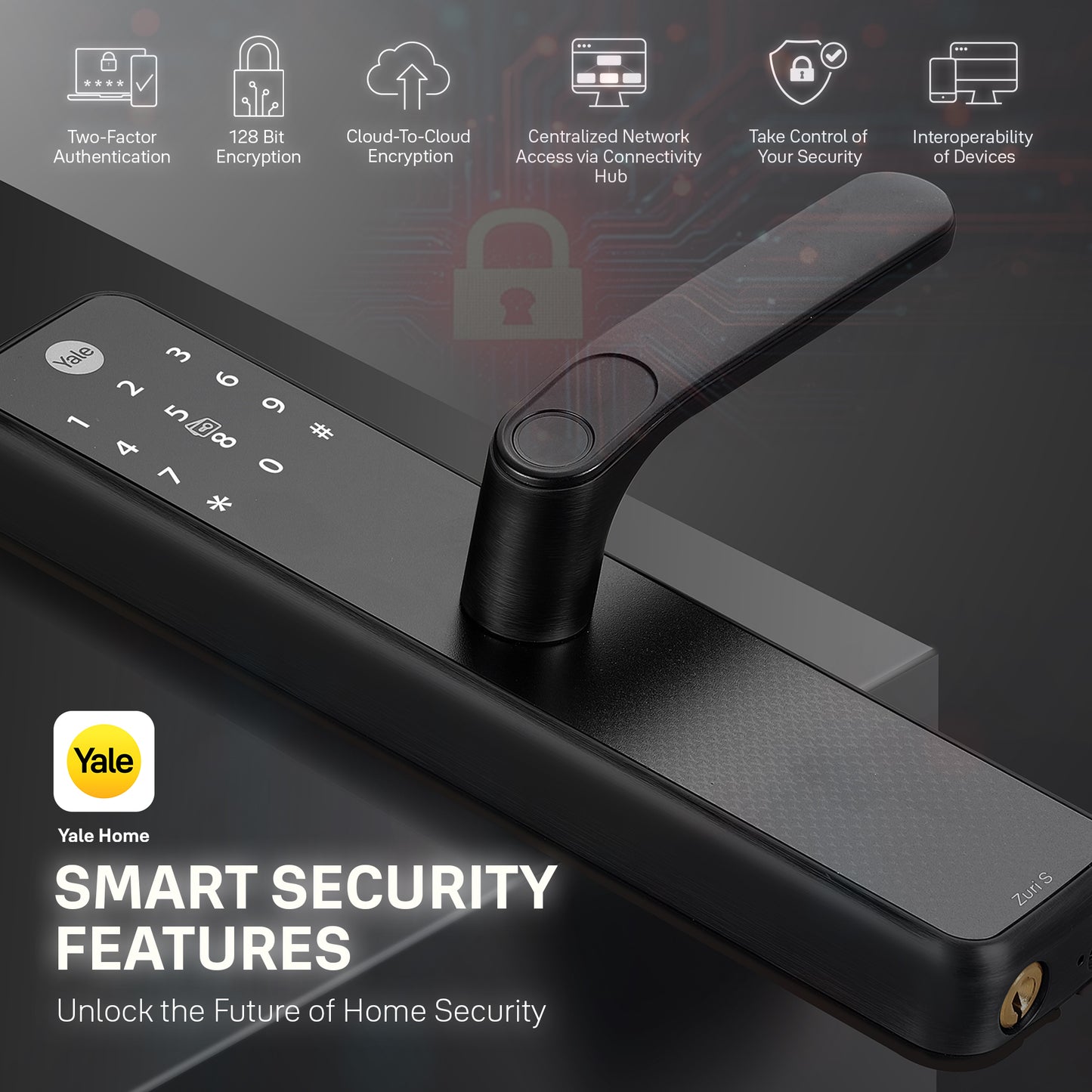 Yale Zuri S (Black) Smart Lock with 5 way unlocking (Fingerprint, PIN, RFID, Manual Key and Built-in Bluetooth to Access through Home App)