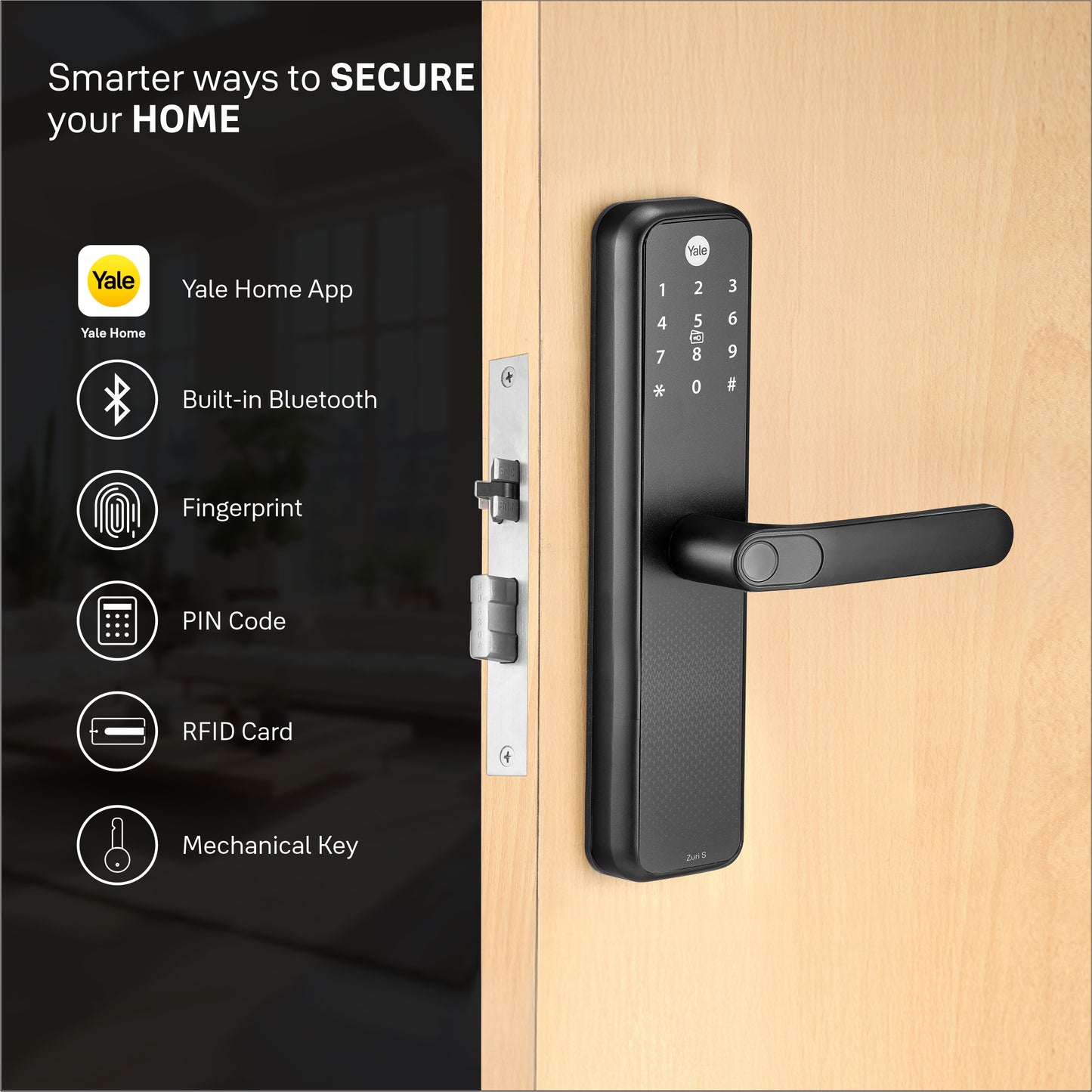 Yale Zuri S (Black) Smart Lock with 5 way unlocking (Fingerprint, PIN, RFID, Manual Key and Built-in Bluetooth to Access through Home App)
