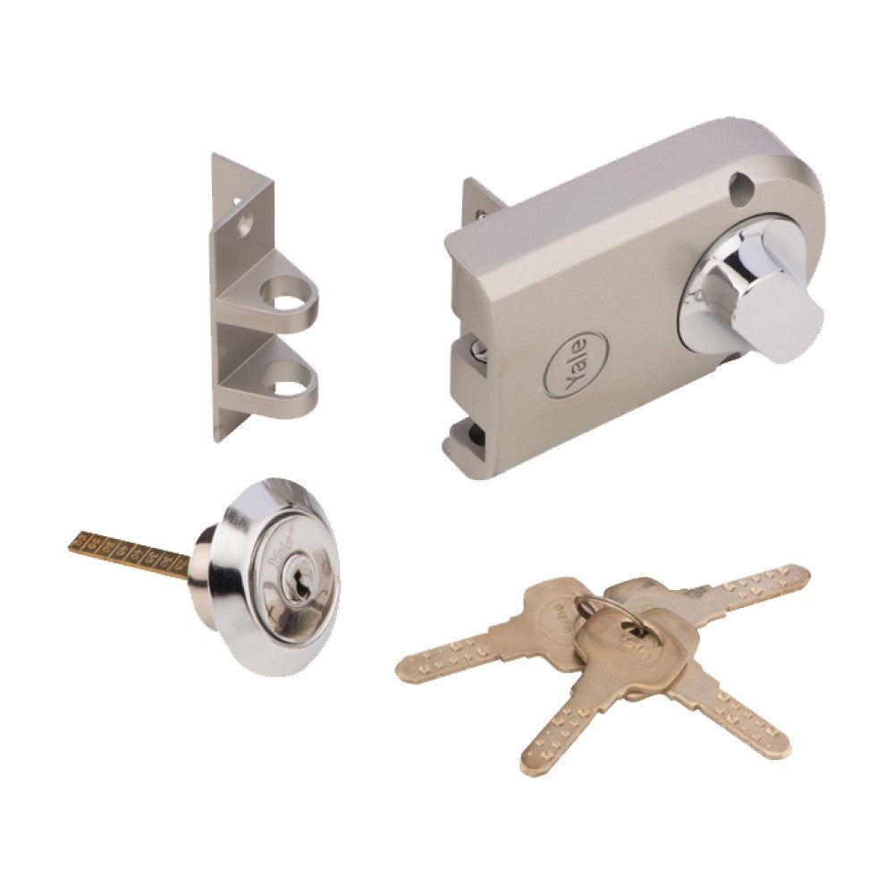 Yale VB100 Vertibolt Rim Lock for main doors, Inside knob and outside keys, 4 Dimple Keys (Satin Steel))