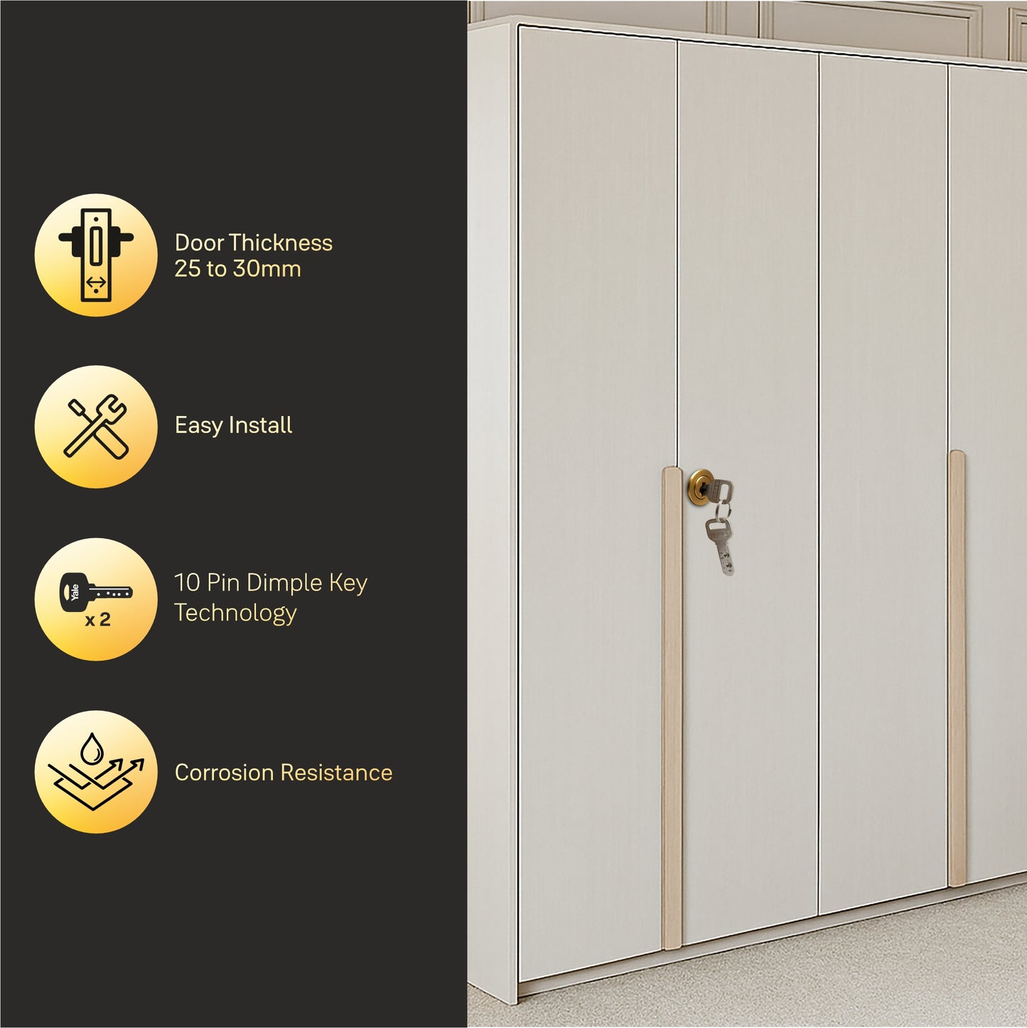 Yale Wardrobe Lock WRD Series 25mm | Stainless-steel Lock with Dimple Key | Reversible Keys | Deadbolt | Installed in Cupboards, Wardrobes & Wooden Furniture |  Rose Gold