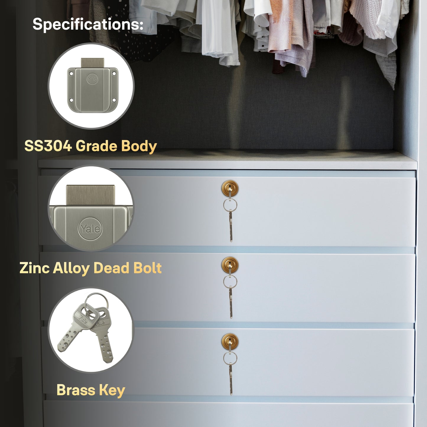 Yale Wardrobe Lock WRD Series 25mm | Stainless-steel Lock with Dimple Key | Reversible Keys | Deadbolt | Installed in Cupboards, Wardrobes & Wooden Furniture |  Rose Gold