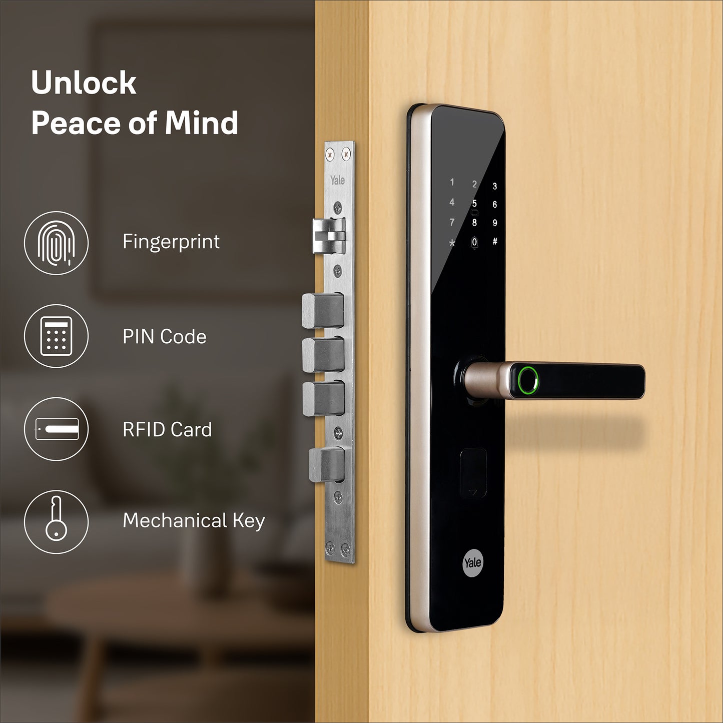 YDME 200 NxT Digital Door Lock with fingerprint, PIN, Manual Keys, RFID Card - Gold