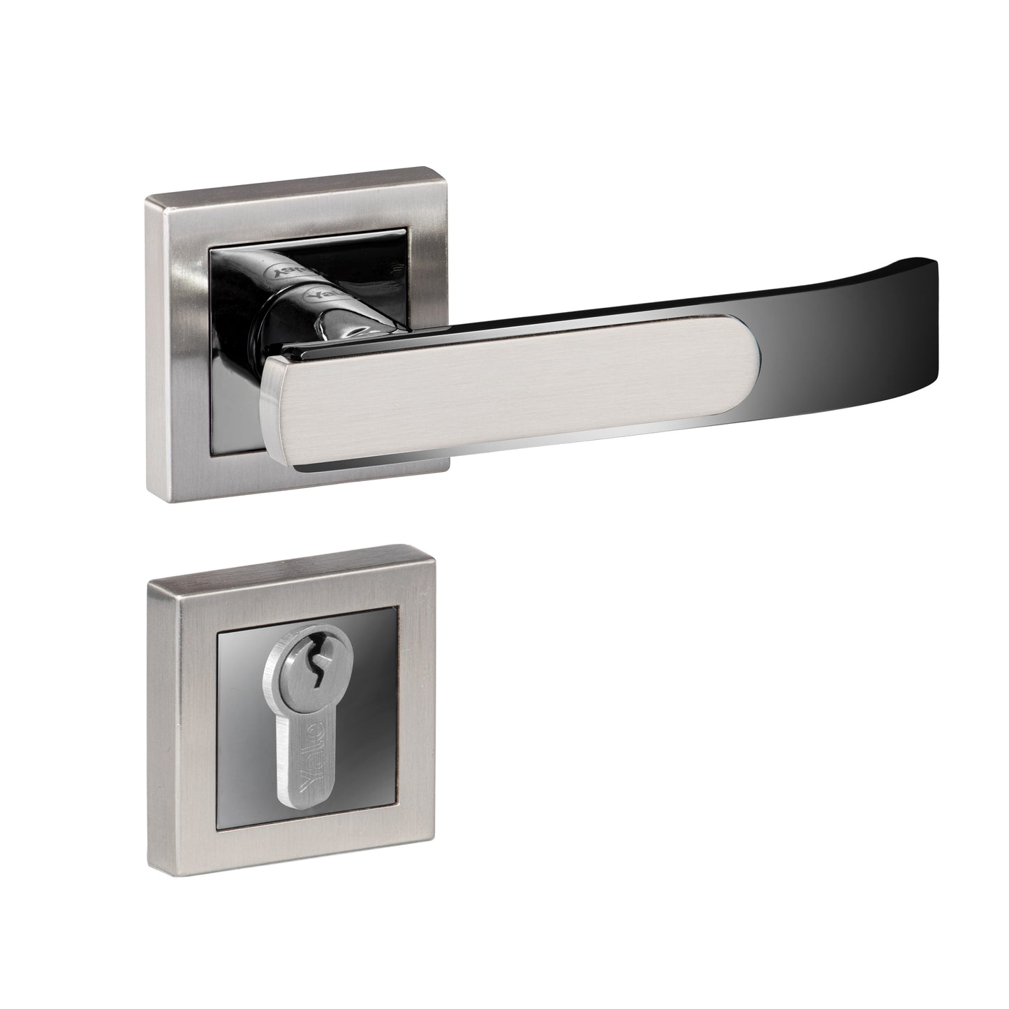 YECM-603-OR-TT-SS/CP Mortise Door Handle Lock Set with Rose and Escutcheons, Cylinder with Knob inside and keys Outside, Satin Steel Dual Tone