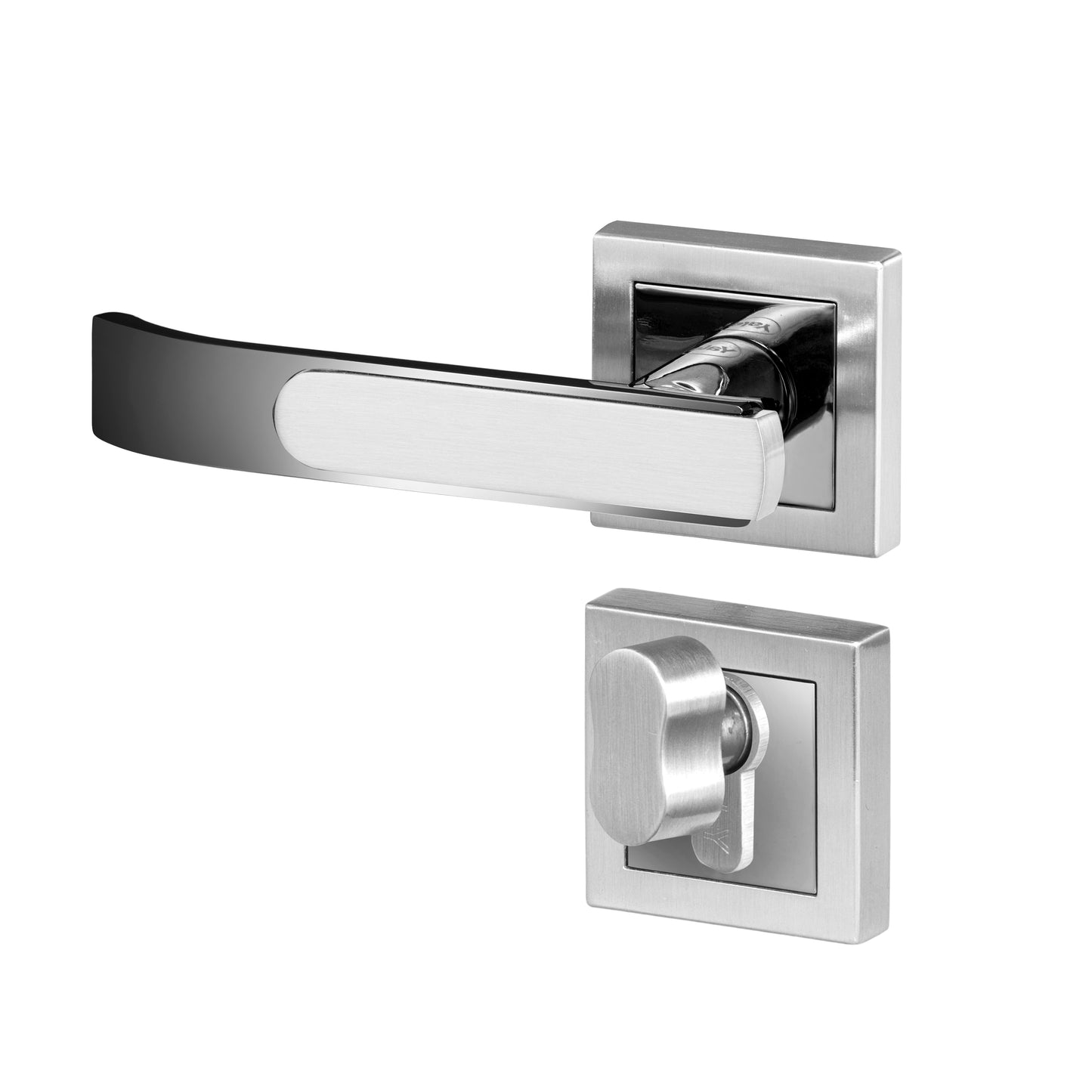YECM-603-OR-TT-SS/CP Mortise Door Handle Lock Set with Rose and Escutcheons, Cylinder with Knob inside and keys Outside, Satin Steel Dual Tone