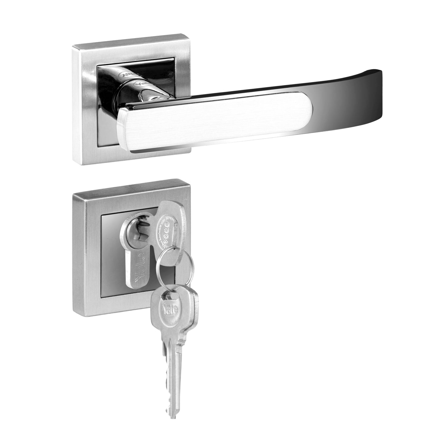YECM-603-OR-TT-SS/CP Mortise Door Handle Lock Set with Rose and Escutcheons, Cylinder with Knob inside and keys Outside, Satin Steel Dual Tone