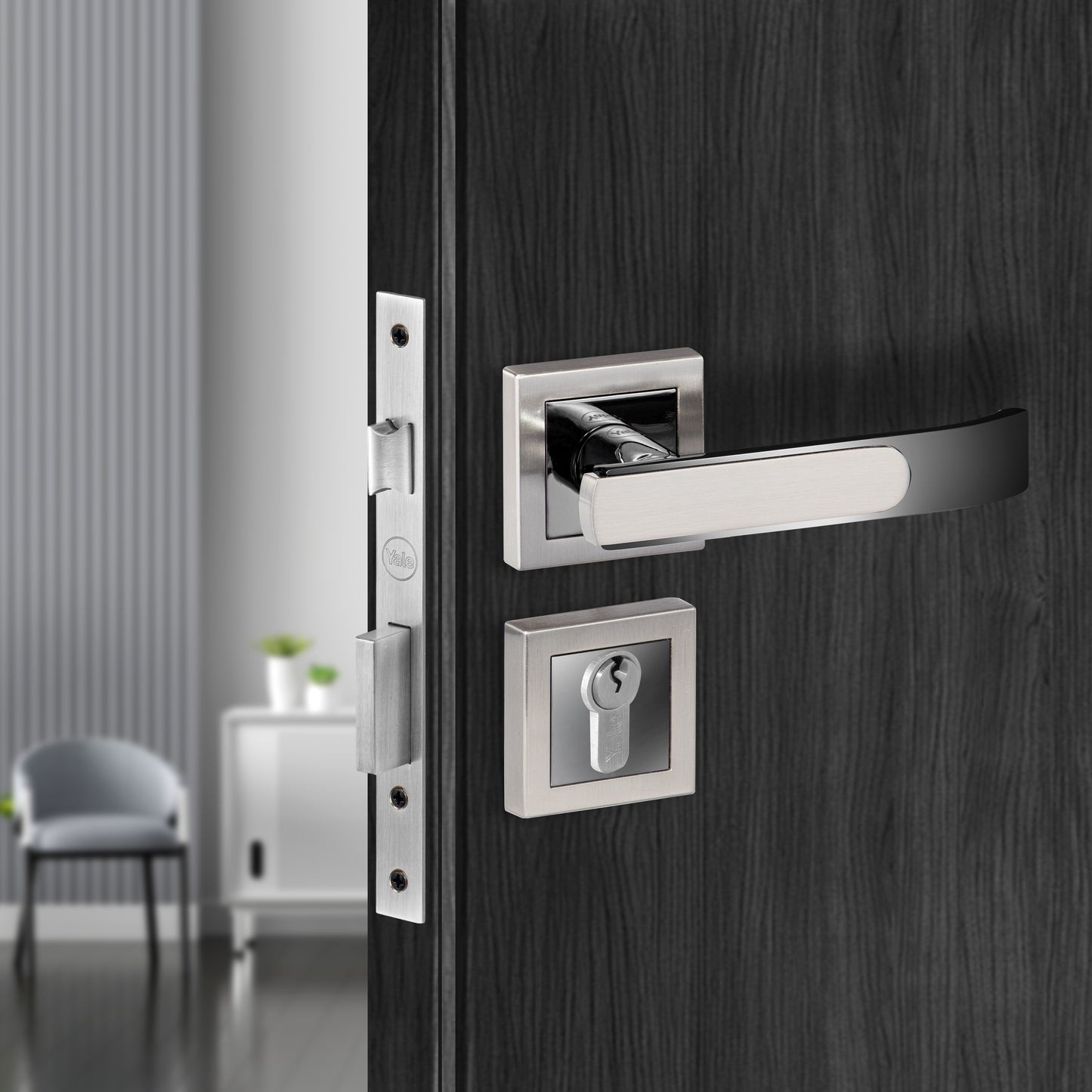 YECM-603-OR-TT-SS/CP Mortise Door Handle Lock Set with Rose and Escutcheons, Cylinder with Knob inside and keys Outside, Satin Steel Dual Tone