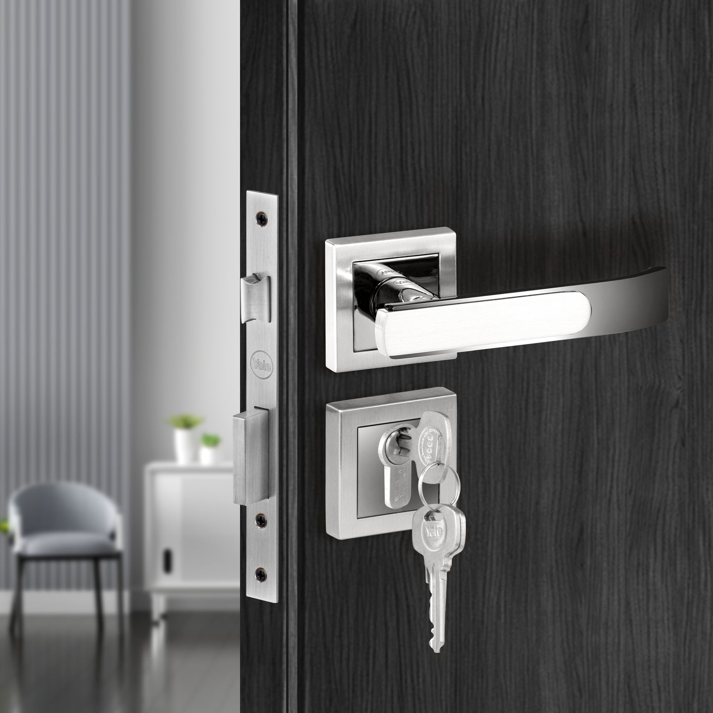 YECM-603-OR-TT-SS/CP Mortise Door Handle Lock Set with Rose and Escutcheons, Cylinder with Knob inside and keys Outside, Satin Steel Dual Tone