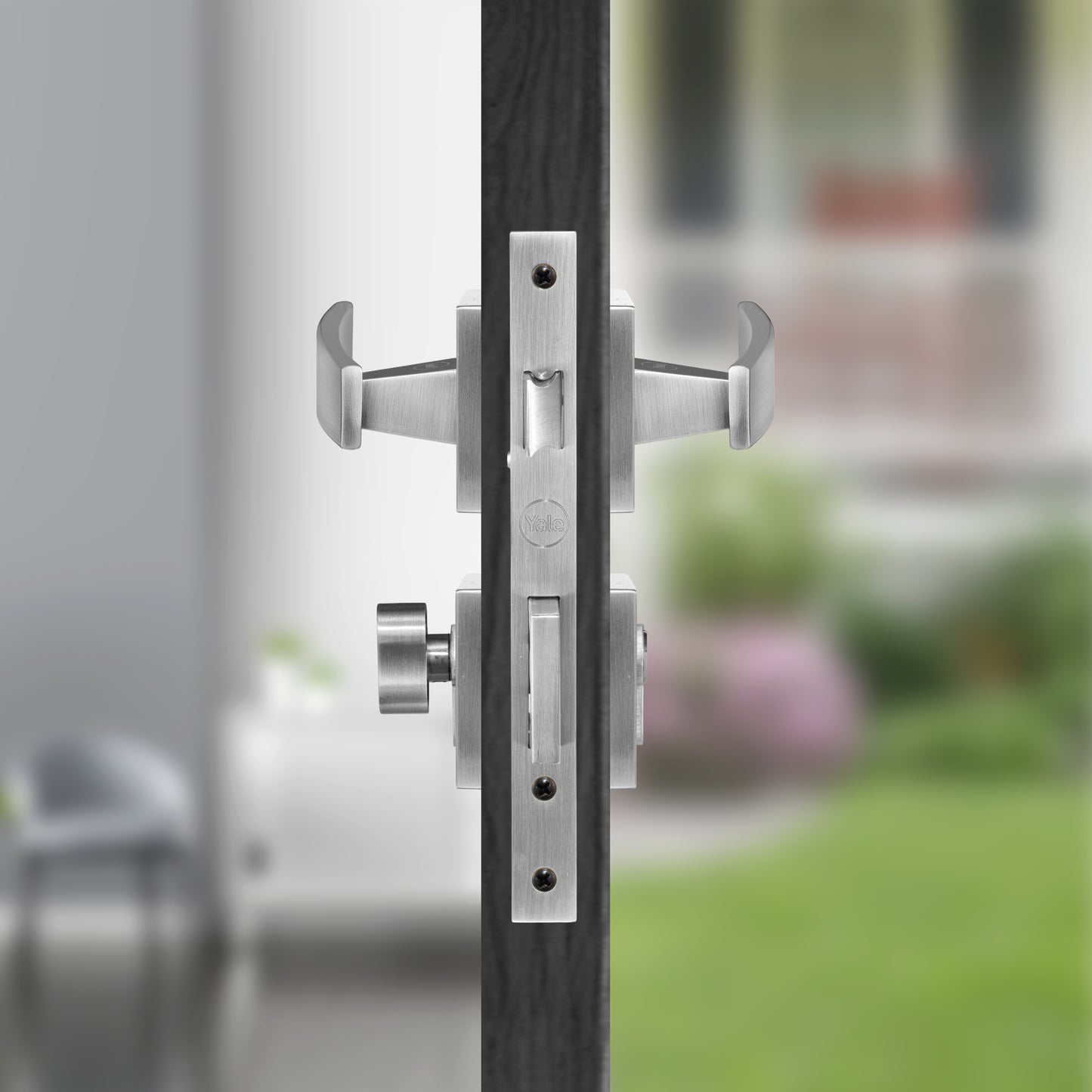 YECM-603-OR-TT-SS/CP Mortise Door Handle Lock Set with Rose and Escutcheons, Cylinder with Knob inside and keys Outside, Satin Steel Dual Tone