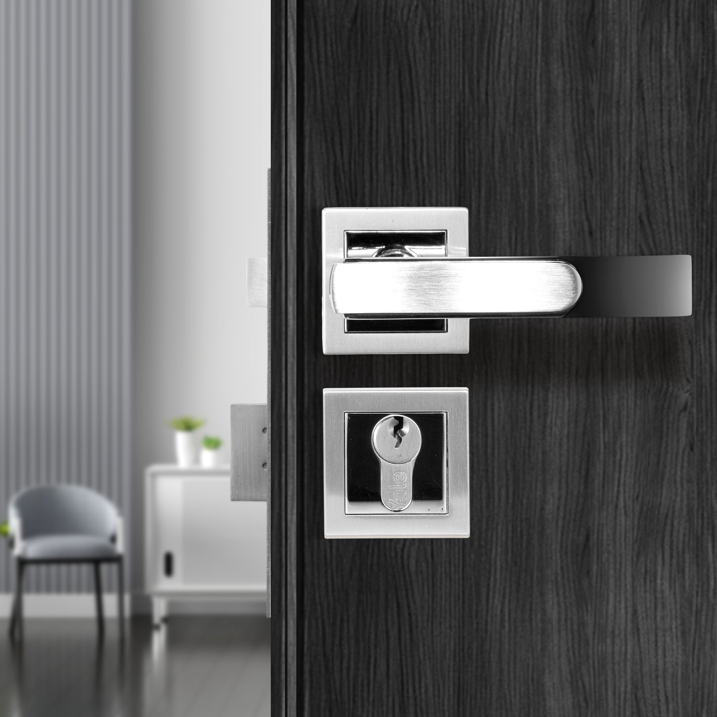 YECM-603-OR-TT-SS/CP Mortise Door Handle Lock Set with Rose and Escutcheons, Cylinder with Knob inside and keys Outside, Satin Steel Dual Tone