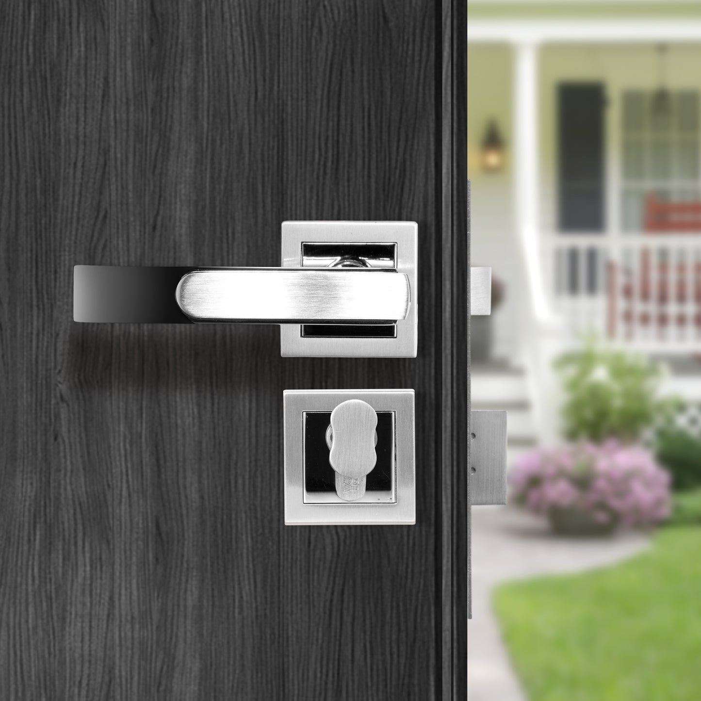 YECM-603-OR-TT-SS/CP Mortise Door Handle Lock Set with Rose and Escutcheons, Cylinder with Knob inside and keys Outside, Satin Steel Dual Tone