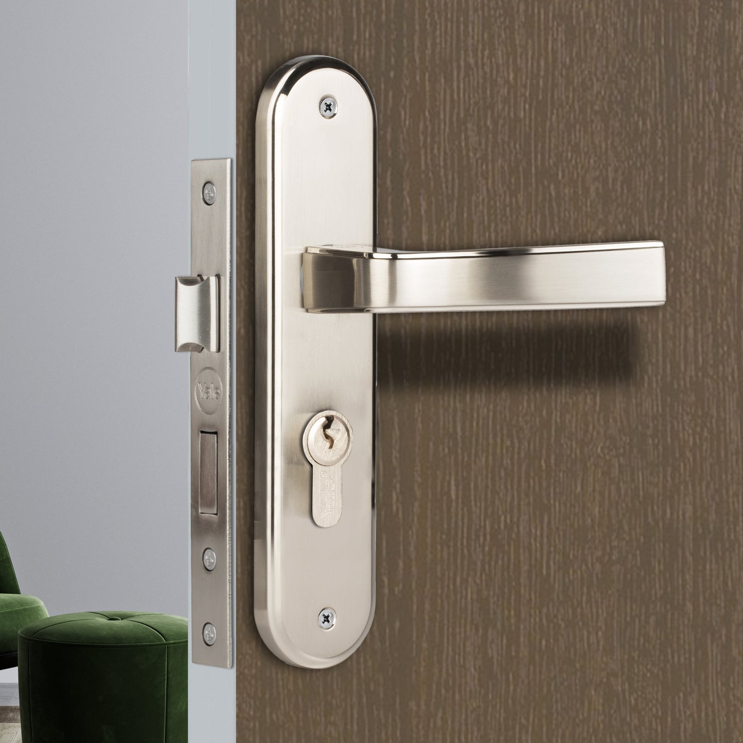 YME415 Mortise Lock Comboset with small backplated Handle, Cylinder with Knob Inside, Satin Steel