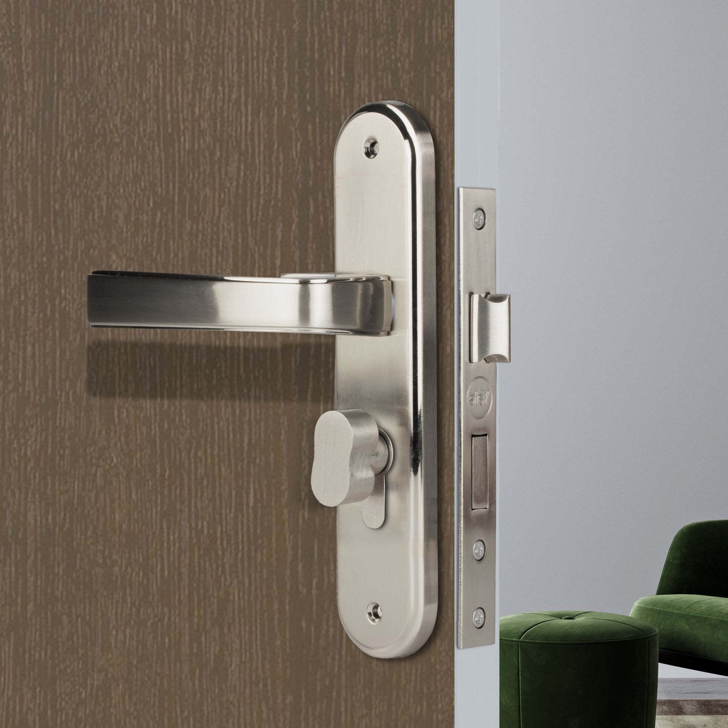 YME415 Mortise Lock Comboset with small backplated Handle, Cylinder with Knob Inside, Satin Steel