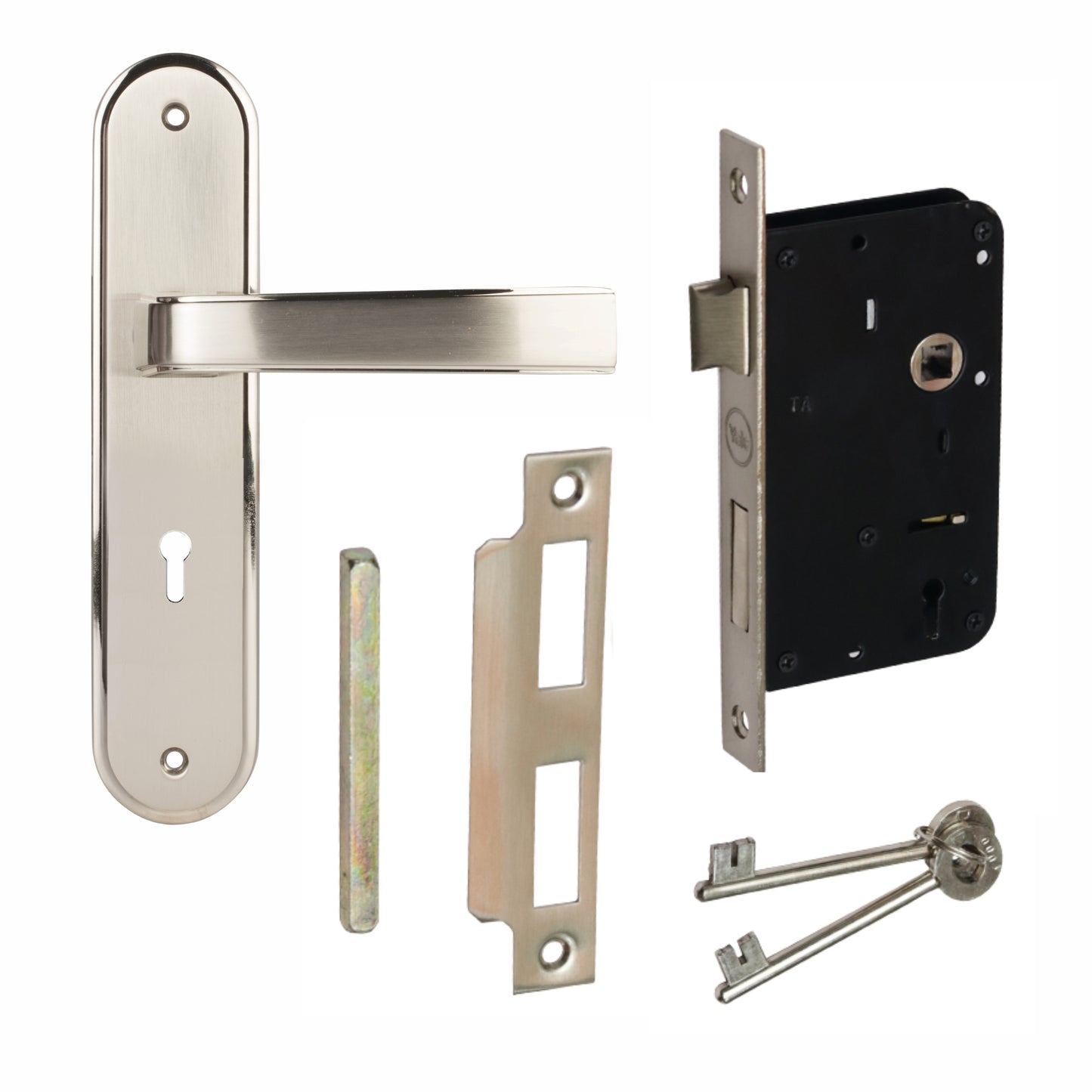 YME 415+ Lever Handle set with key-in lever double strike lockbody Satin Steel