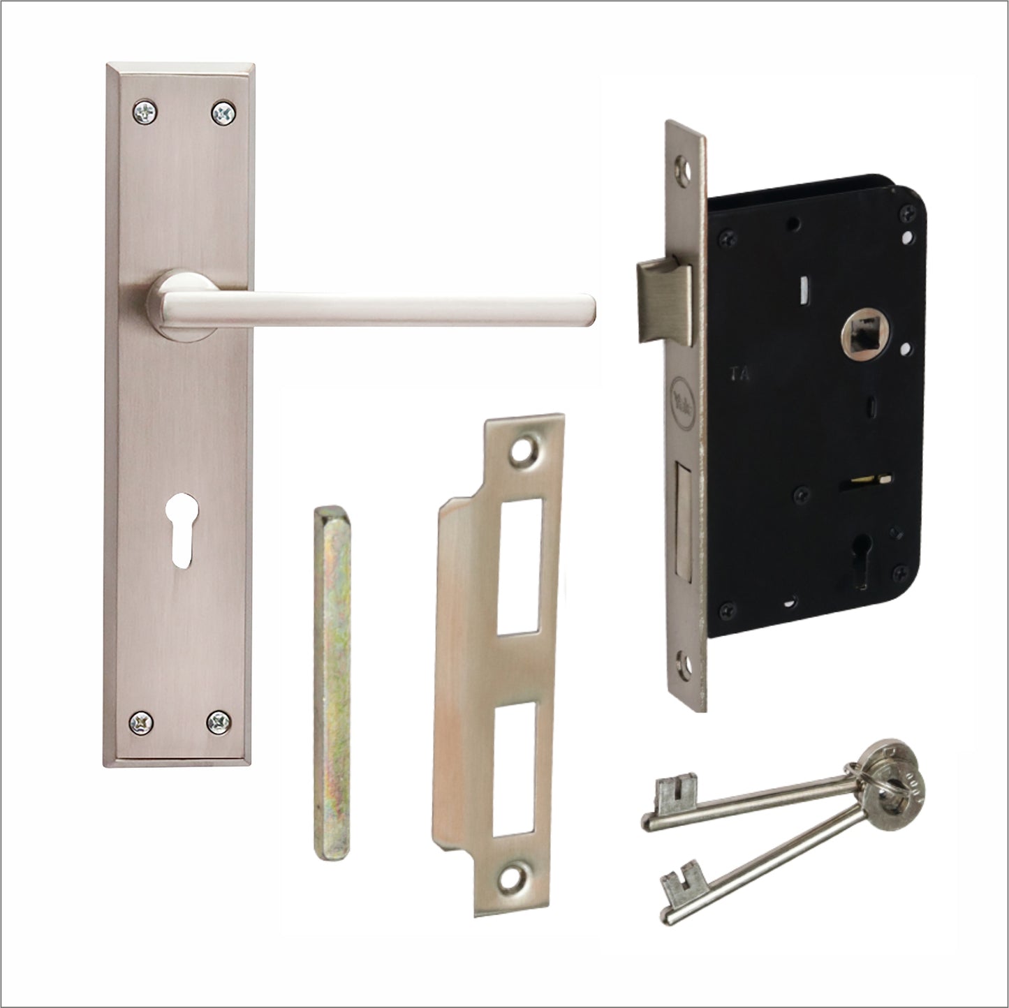 YME 551 Lever Handle set with key-in lever double strike lockbody Satin Steel