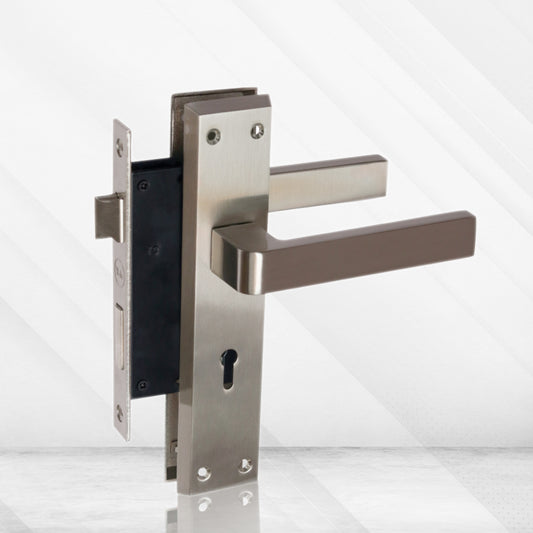 YME 557+ Lever Handle set with key-in lever double strike lockbody Satin Steel