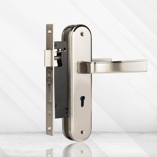 YME 415+ Lever Handle set with key-in lever double strike lockbody Satin Steel