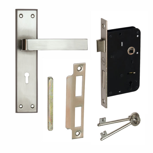 YME 557 Lever Handle set with key-in lever double strike lockbody Satin Steel