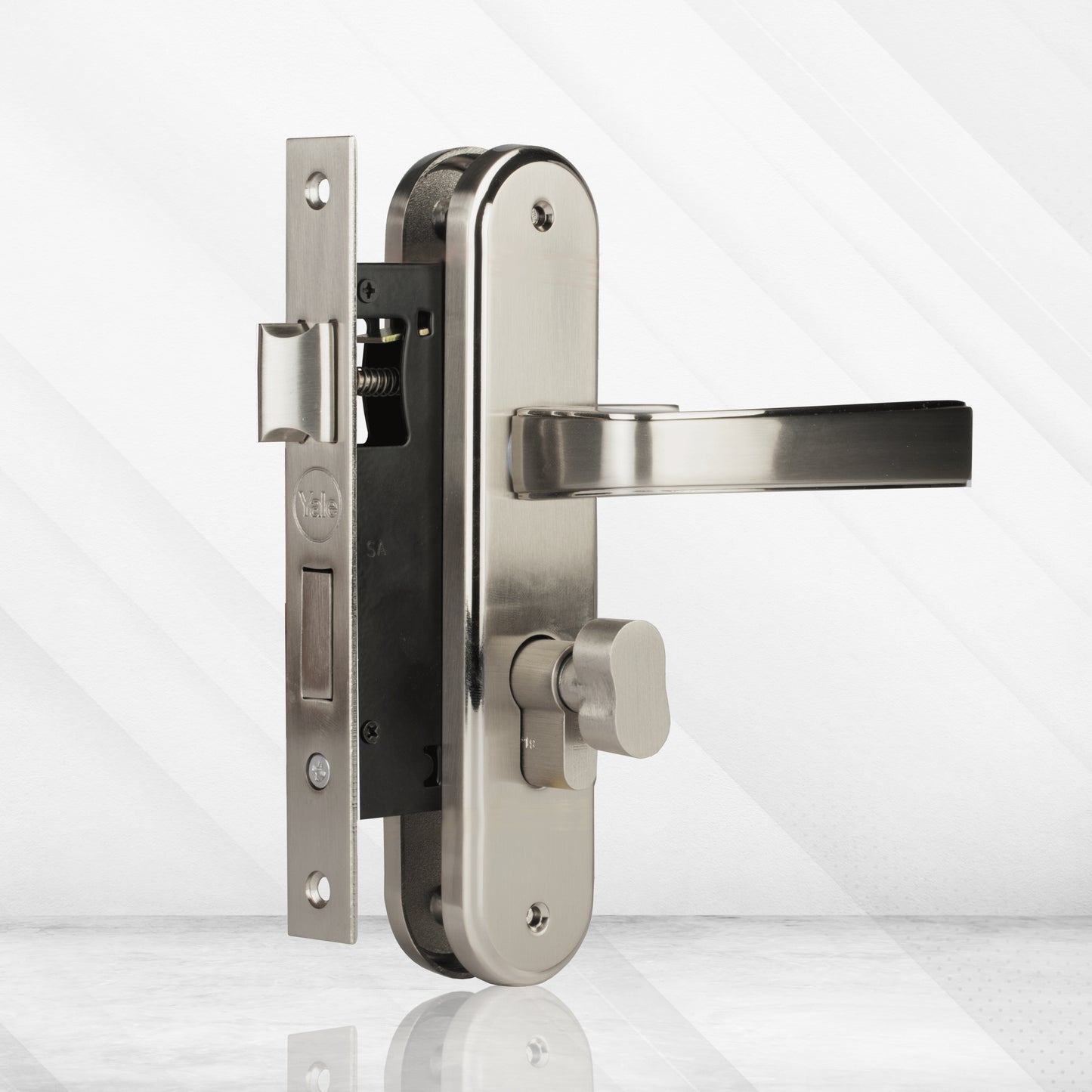 YME415 Mortise Lock Comboset with small backplated Handle, Cylinder with Knob Inside, Satin Steel