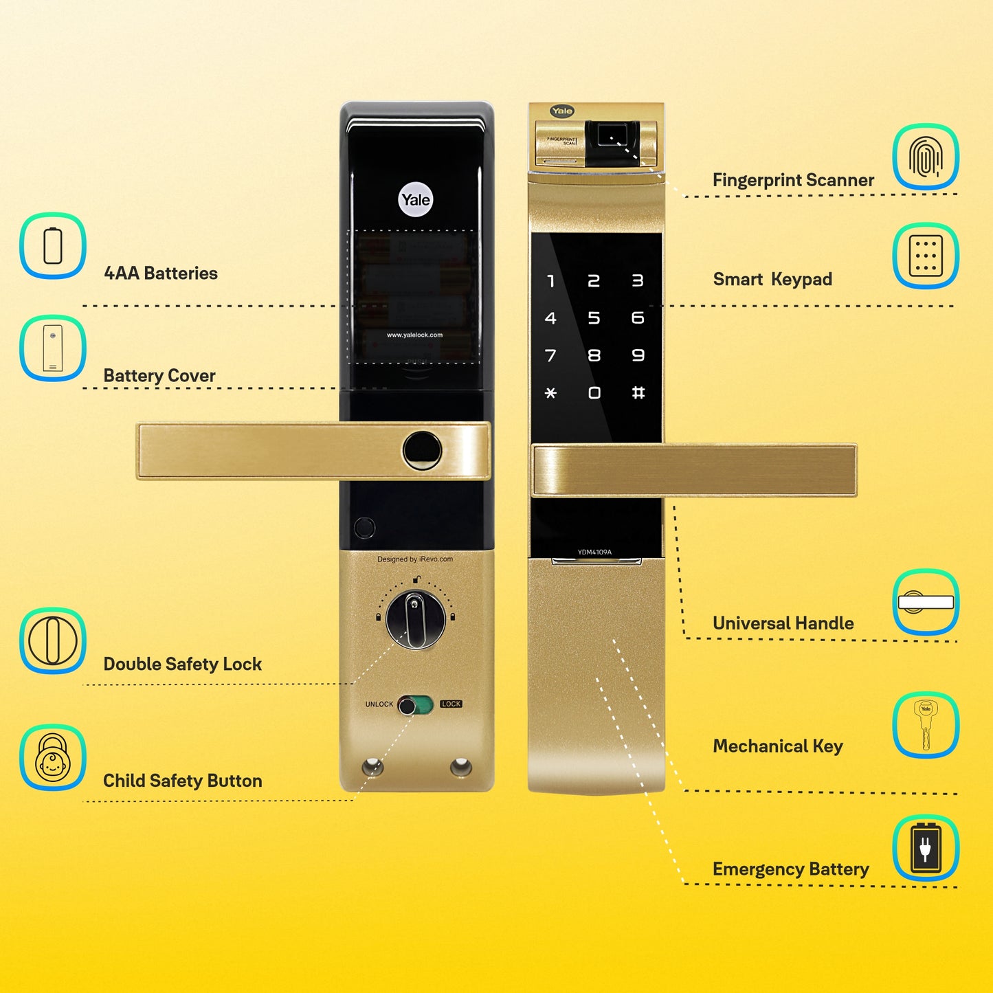 YDM 4109- A Series, Biometric Smart Lock, Gold
