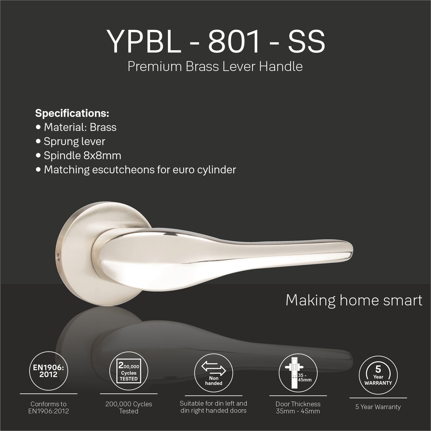 YPBL-801-SS Solid Brass Lever Handle, Satin / Chrome Polish (Without Lock and key cylinder)