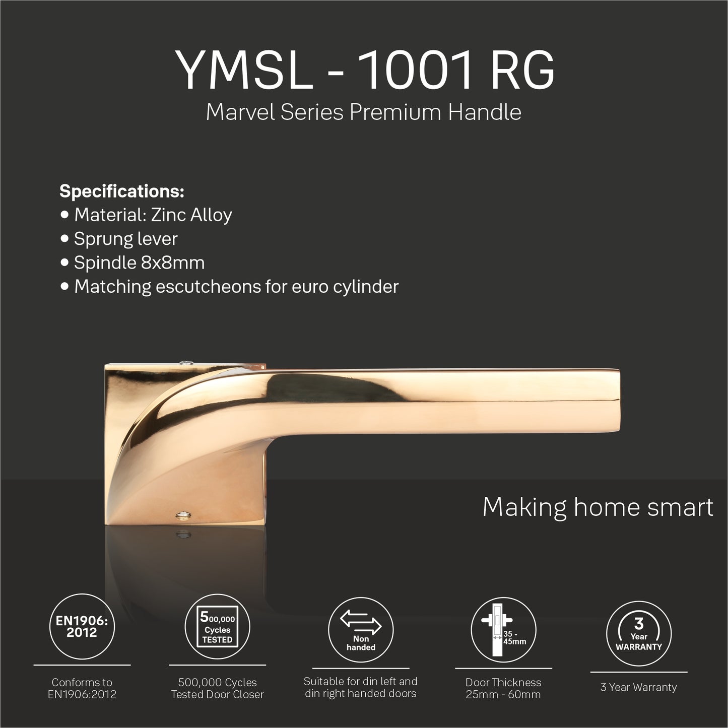 YMSL-1001-RG -Marvel Series Premium PVD Handle with Mortise Lock Body and Euro Profile Cylinder with dimple keys