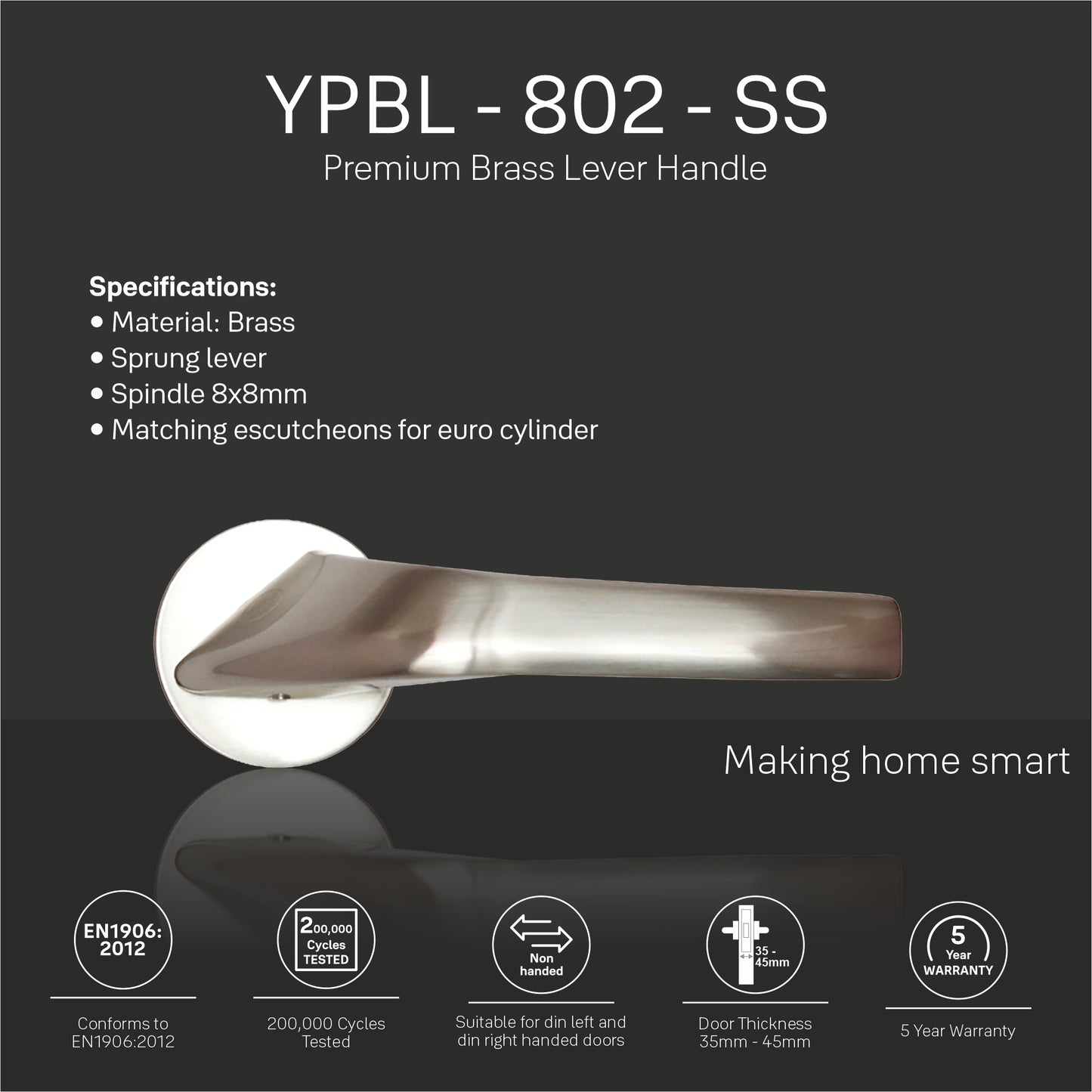 YPBL-802-SS Solid Brass Lever Handle, Satin Nickel