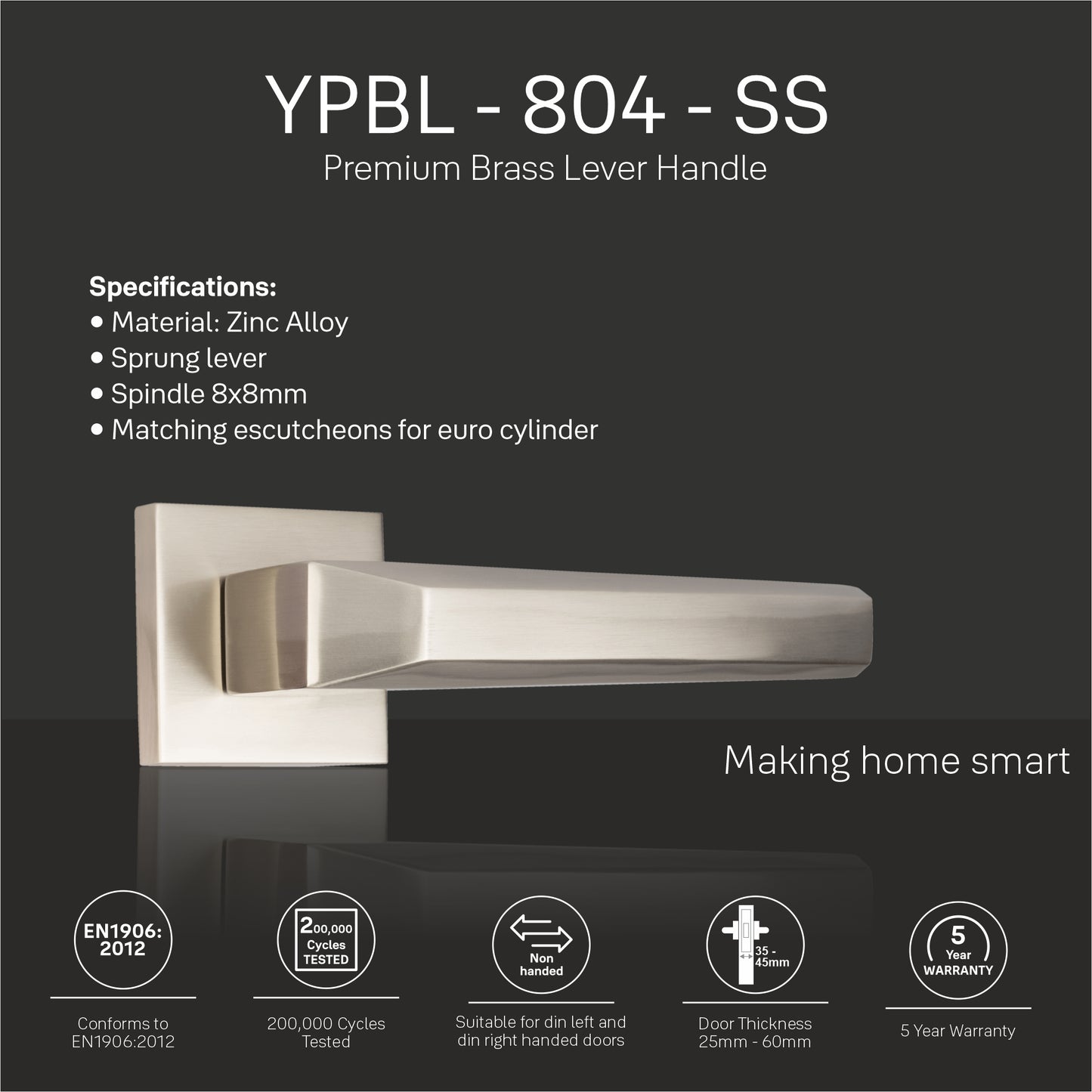 YPBL-804-Solid Brass Premium Lever Handle, Satin Steel (Without Lock and key cylinder)