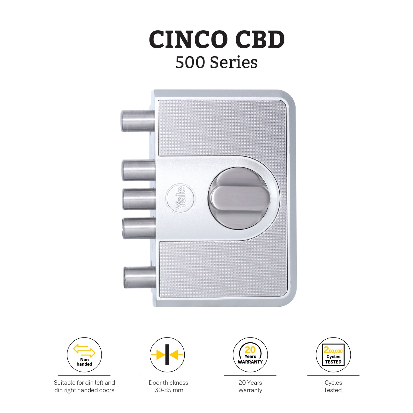 CBD-Cinco 500 Series 5 Dead Bolt Main Door RIM Lock, Knob Inside, Silver, With Dimple Keys