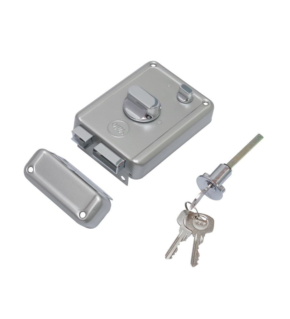R601-DBTT, RIM Lock With Two Deadbolts, Knob Inside, Regular Key, Silver
