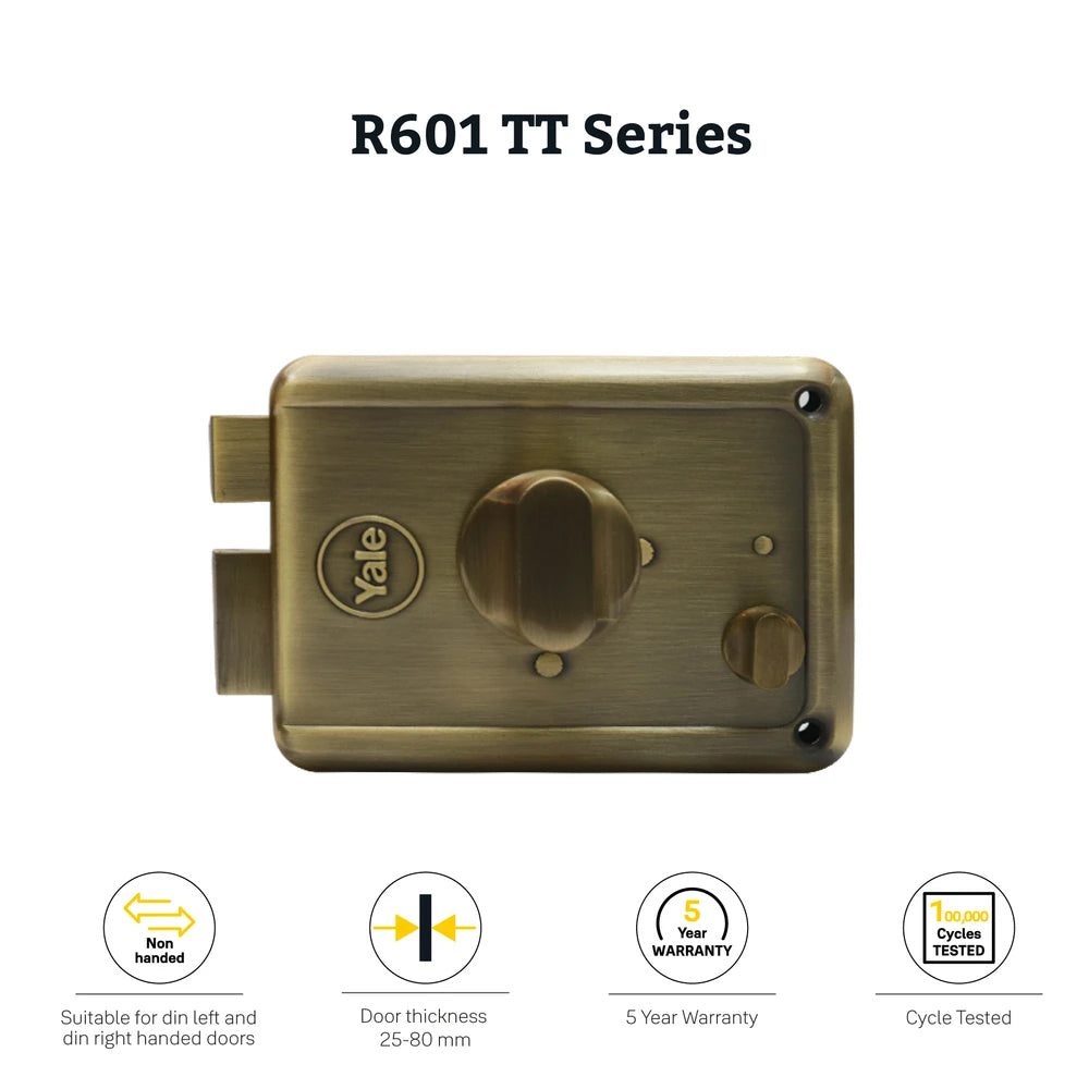 R601-DBTT-AB, RIM Lock With Two Deadbolts, Knob Inside, Regular Key, Antique Brass