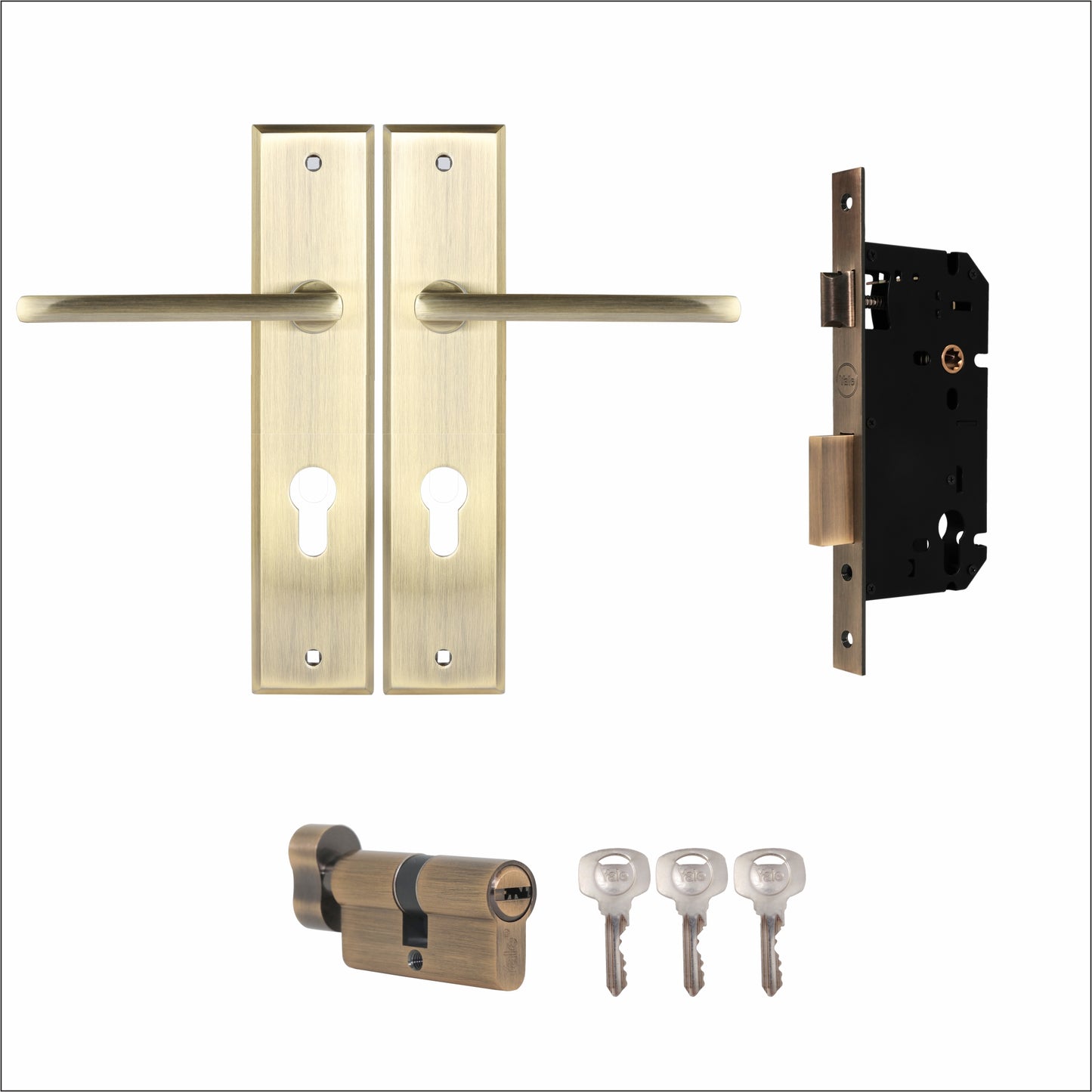YMC502 Mortise Lock Comboset with backplated Handle, Cylinder with Knob Inside, Antique Brass