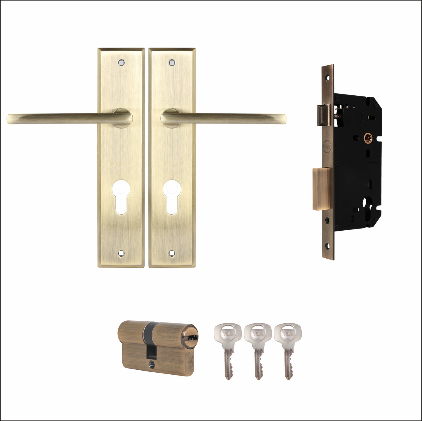 YMC502 Mortise Lock Comboset with backplated Handle, Cylinder with bothside keys, Antique Brass