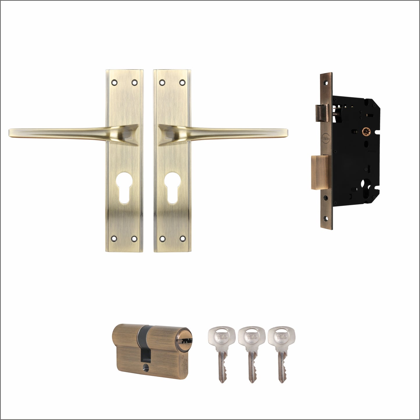 YMC511 Mortise Lock Comboset with Small backplate Handle, Cylinder with bothside keys, Antique Brass